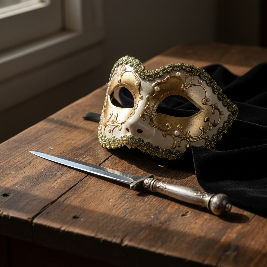 Elegante Maske neben verdeckter Klinge - Symbolbild für verwaffnete Ehrlichkeit und Verletzung im Namen der Wahrheit