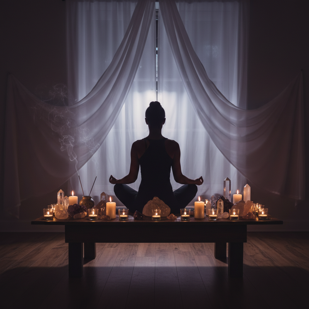 Frau auf Yogamatte vor Kerzen, in meditativer Pose - Symbolbild für die spirituelle Tarnung im weiblich-vulnerablen Narzissmus