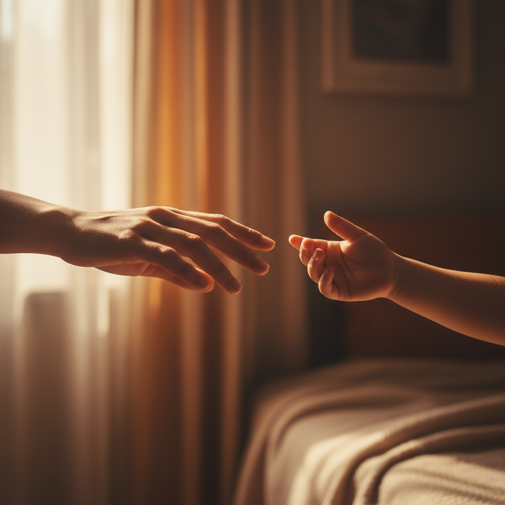 Erwachsene Hand und Kinderhand greifen sich nicht ganz - Symbolbild für die distanzierte Beziehung zur narzisstischen Mutter