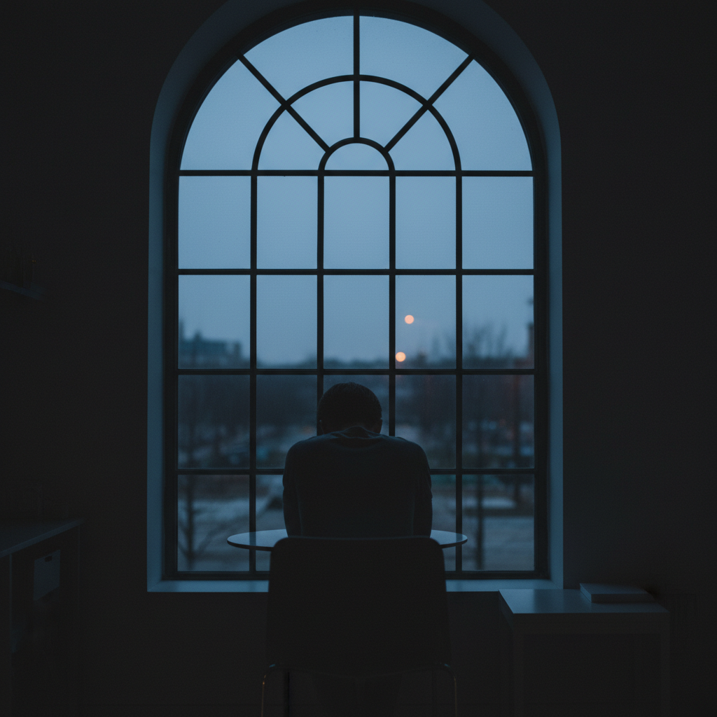 Person sitzt erschöpft am Fenster, draußen dämmert es - Symbolbild für die zermürbende Erschöpfung in narzisstischen Beziehungen