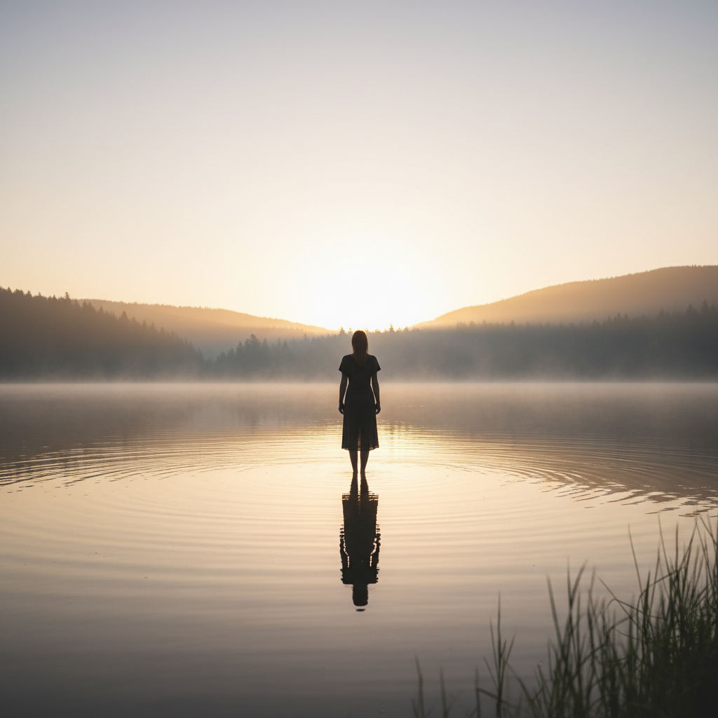 Person steht ruhig und aufrecht am Wasser bei Sonnenaufgang - Symbolbild für Selbstschutz und Klarheit